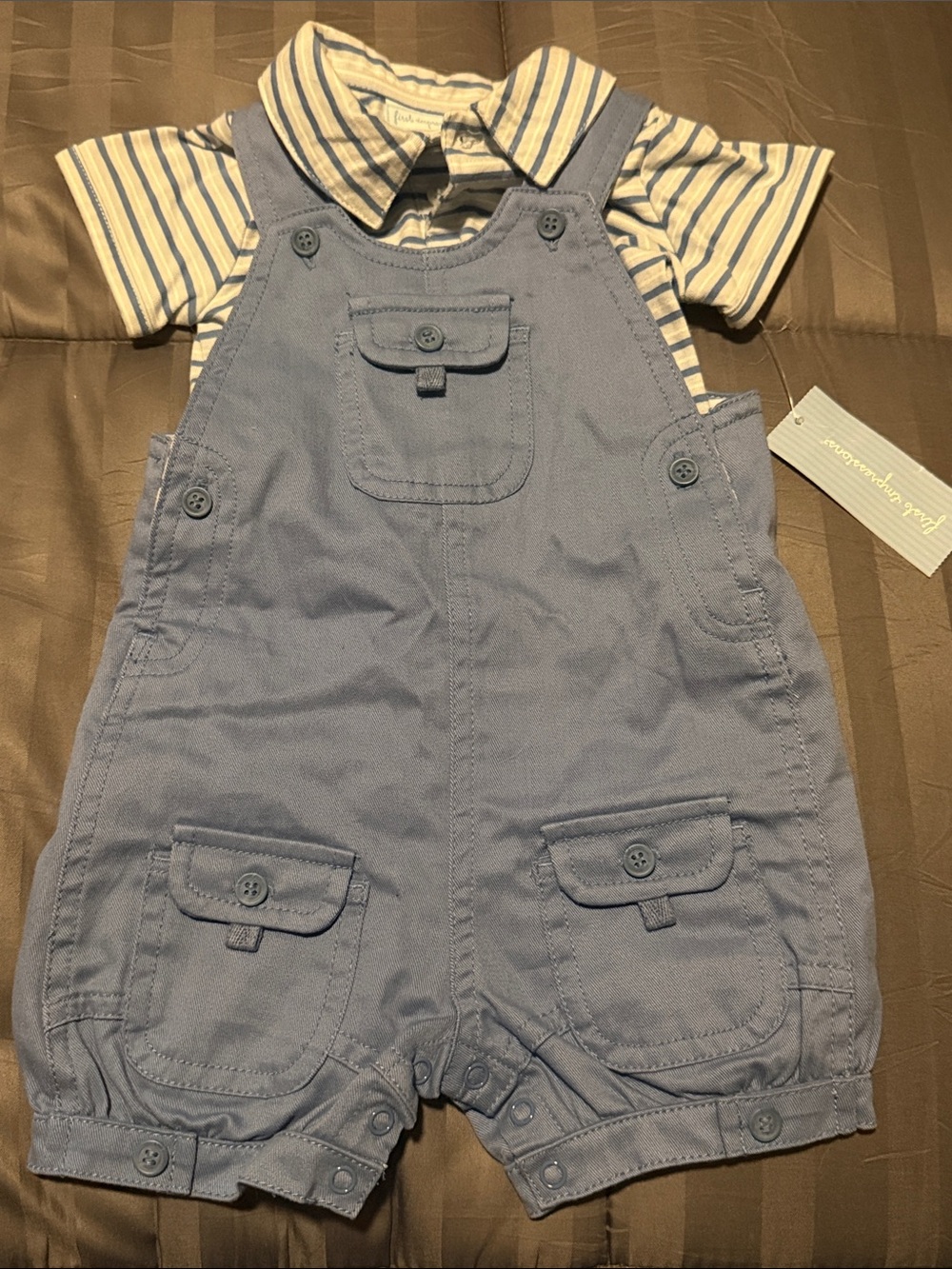First Impressions Light Blue Striped Shirt & Overalls Set